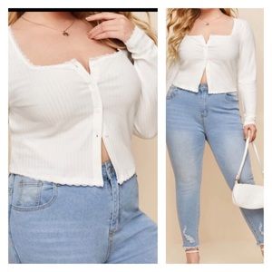 NEW•Keep It Simple Minimalist White Scalloped SquareNeck ButtonUp Cardigan•1X-3X